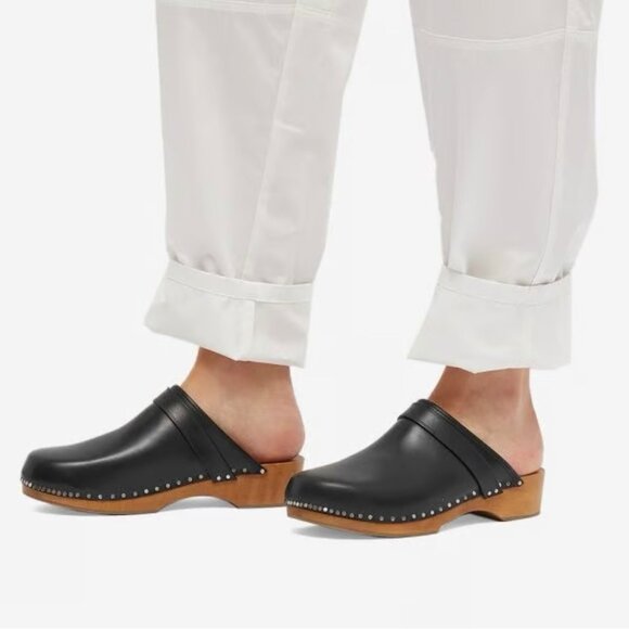 Isabel Marant Thalie Leather Clogs SZ 38 Black Wood Soles Studs Dutch Swedish - Picture 15 of 16